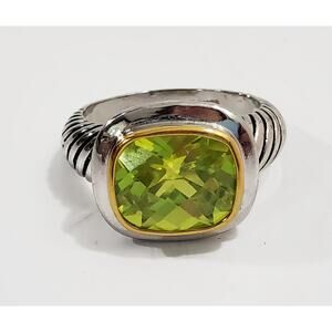 18k White & Yellow Gold Electroplate Faceted Green Glass Crystal Ring Size 9.75
